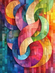 Fototapeta premium A dynamic abstract artwork featuring swirling shapes in vibrant colors like yellow, purple, red, and green, creating a bold, textured, and energetic composition. 