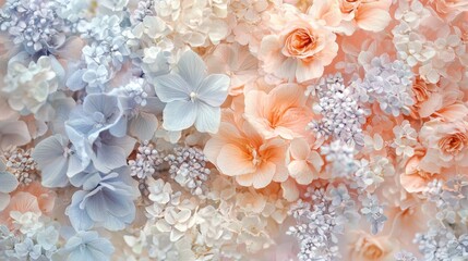Elegant pastel floral details in a soft light Create an image featuring elegant floral details in pastel shades like soft peach, powder blue, and light lavender. Use soft, diffused lighting to
