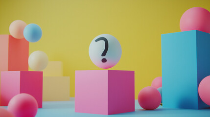 Fototapeta premium Colorful abstract question mark geometric shapes yellow pink playful vibrant design creative 3d concept curiosity learning education problem-solving modern pastel spheres cubes why answer trivia ad