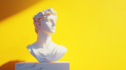 Classical marble bust yellow background art minimal contemporary modern sculpture design inspiration contrast bold shadow gallery aesthetics creative elegance timeless concept copy space

