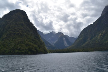 The fiords and stunning mountain landscape at Milford Sound on the South Island of New Zealand