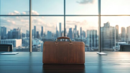 Open briefcase on a conference table, with a city skyline visible through large glass windows