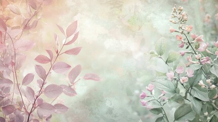 Soft pastel nature scene Create a nature scene featuring botanical elements like flowers and leaves in soft pastel colors such as lavender, mint green, and blush pink. Use soft, diffused lighting to