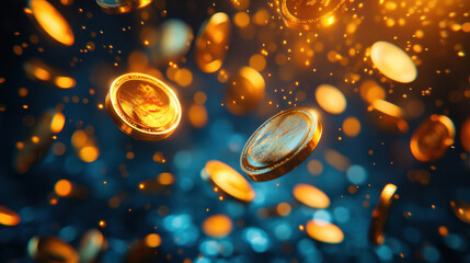Golden Coins Falling on Dark Blue Background, Concept of Wealth, Success, and Investment