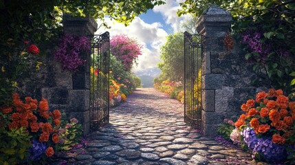 Open gate leading to a charming cobblestone pathway, lined with blooming flowers under a bright sky