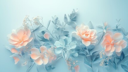 Serene pastel botanical composition Create a composition featuring various botanical elements in pastel shades such as light blue, soft peach, and mint green. Arrange the elements in a serene and