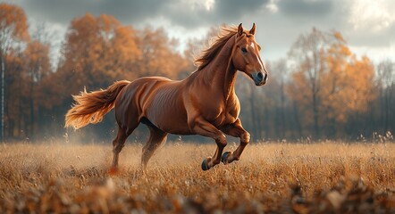 Fototapeta premium Brown Horse Galloping in Autumn Grassland, Cinematic Nature Scene. AI generated illustration