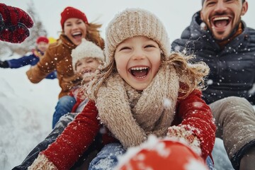 A joyful family gleefully sledding down a snow-covered hill, wrapped in warm winter clothing, creating cherished memories in a picturesque winter wonderland.