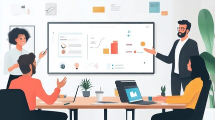 Business Meeting Presentation with Team Collaboration and Data Analysis on Whiteboard