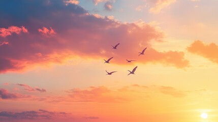 Fototapeta premium Open sky with birds flying in a V formation, against a backdrop of vibrant orange and pink sunset clouds -