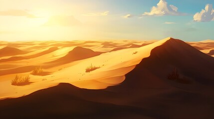 Naklejka premium Expansive Desert Landscape with Golden Glow and Sweeping Sand Dunes
