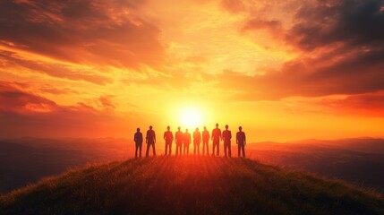 Fototapeta premium People standing shoulder to shoulder on a hilltop, looking towards a bright sunrise, symbolizing hope and unity