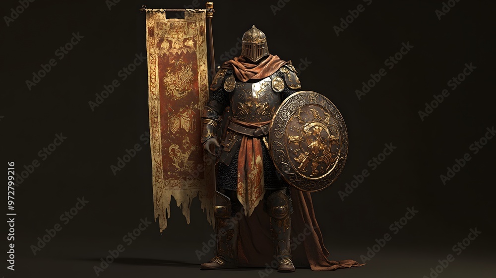 Poster 25. **charming 3d depiction of a valiant crusader with a large banner and ornate armor