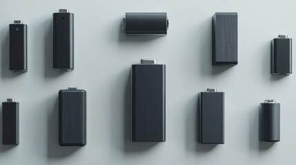 Several batteries of different sizes, laid out in a grid on a light grey surface, creating a clean, minimalist composition