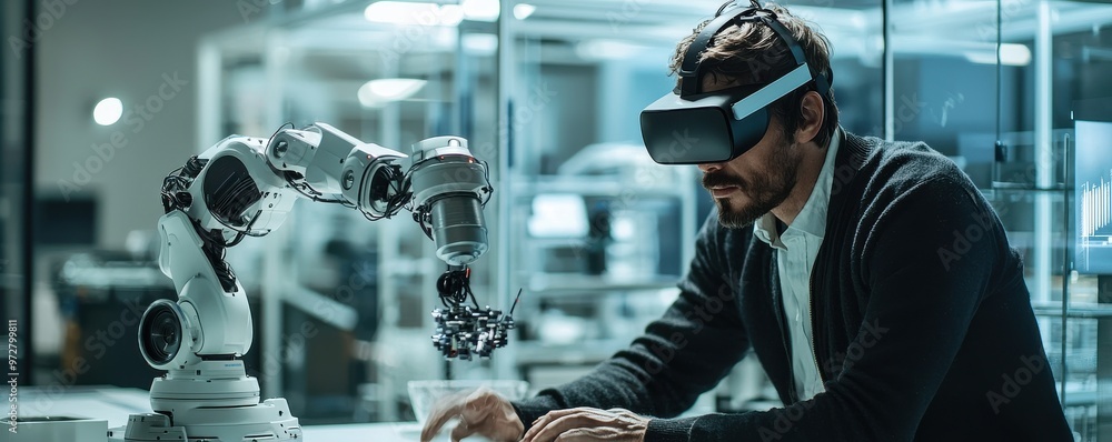 Aufkleber man in virtual reality headset interacts with robotic arm in futuristic technology lab
