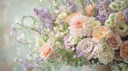 Dreamy pastel floral arrangement Create a dreamy arrangement of flowers in pastel hues such as soft lavender, blush pink, and light mint green. Arrange the flowers in a flowing and natural manner,