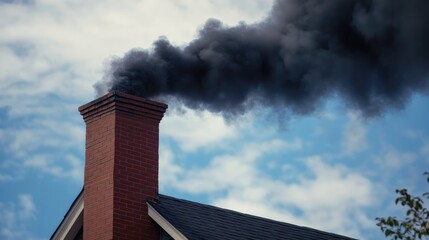Brick chimney emitting black smoke into the atmosphere on blue sky background