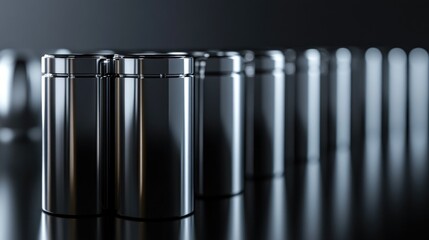 Several cylindrical batteries arranged in a line, with reflections on a glossy black surface and soft lighting