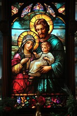 Fototapeta premium Stained glass window depicting the holy family posing together