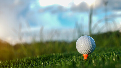 Golf ball on green grass in the evening golf course with sunshine background.