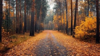Obraz premium Road leading through an autumn forest covered in fallen leaves