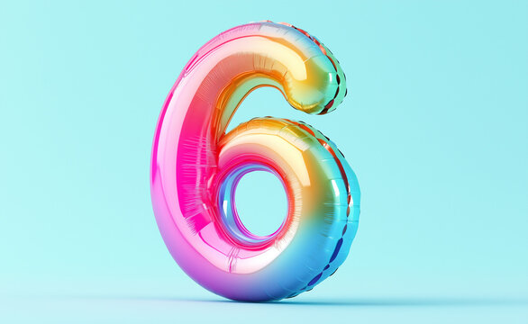 Shiny Rainbow Number 6 Balloon on a Light Blue Background