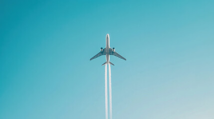 A plane flying high across a clear blue sky, leaving a white contrail that stretches towards the horizon.