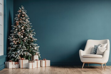 Modern christmas interior with armchair and christmas tree standing near blue wall