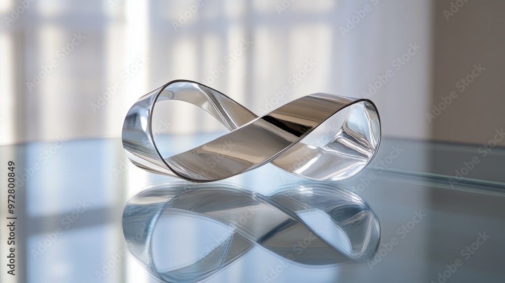 Poster twisted silver ribbon loop on a glass table, capturing light reflections and subtle shadows