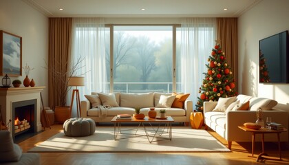 A living room with holiday decorations that emphasize minimalism