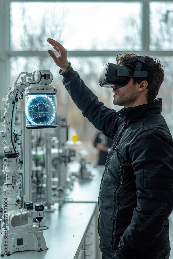 Poster man in a black jacket using virtual reality headset to interact with robotic technology in a modern 