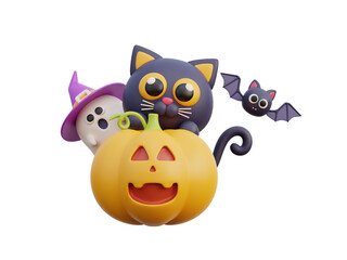 3D cute Halloween black cat cartoon character, trick or treat party, october holiday, 3d rendering.