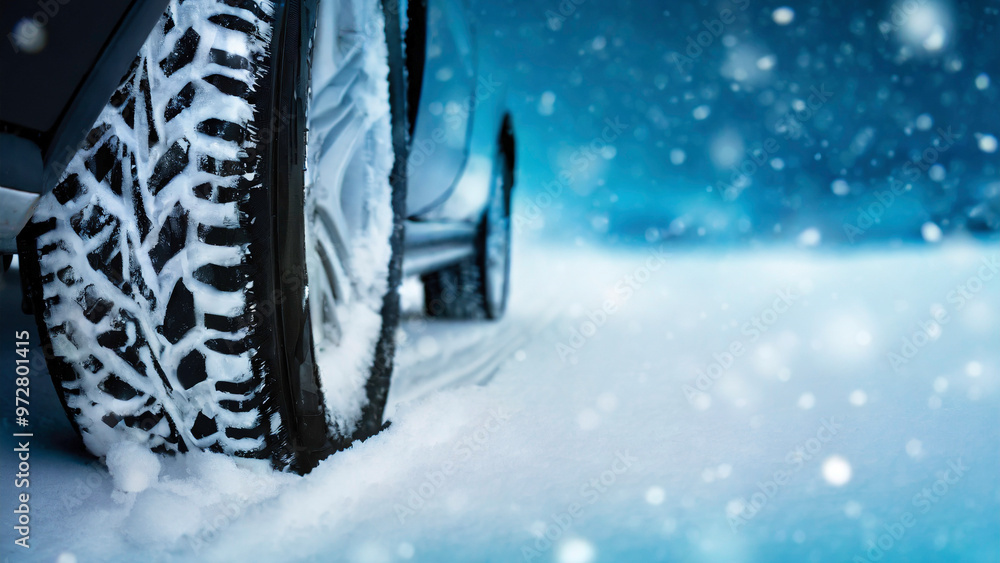 Sticker Car tires covered with snow on a snowy road. Winter driving concept