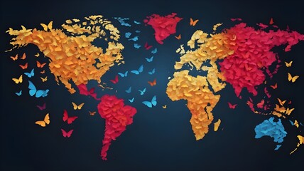 A world map formed from a swarm of colorful butterflies, each flapping its wings in various sizes and shades