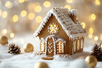 Gingerbread house standing on snow with christmas lights in background