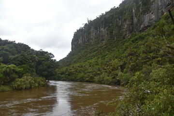 Hiking along the Punakaiki River Track and coastline in the Paparoa National Park, New Zealand