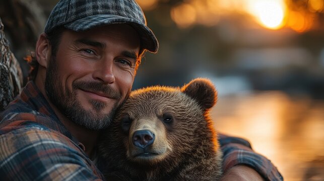 A Handsome Man in a Plaid Shirt Hugging a Rescued Bear Cub with Love, Sitting on a Tree Log at Sunset in the Forest, Both Smiling with Eyes Closed, Reunited in a Heartwarming Moment

