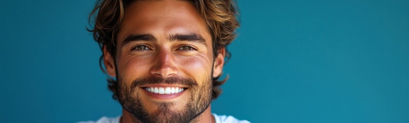 Obraz premium Smiling man with beard and mustache wearing white shirt against blue background