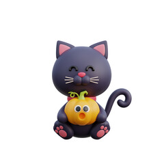 3D cute Halloween black cat cartoon character, trick or treat party, october holiday, 3d rendering.
