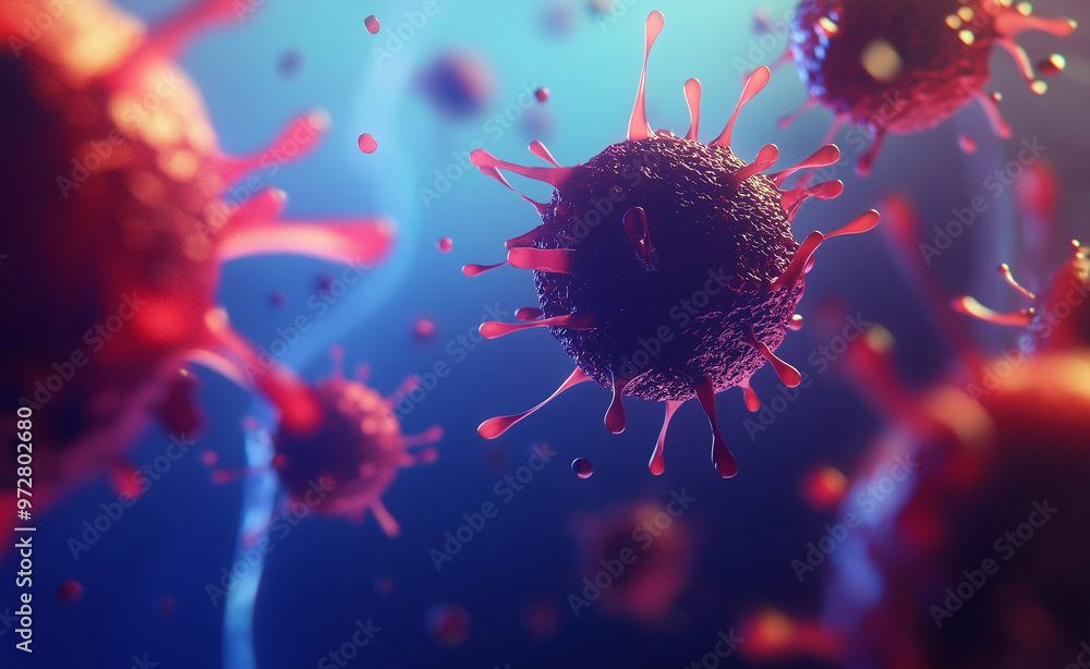 Poster artistic rendering of viruses in a microscopic colorful environment