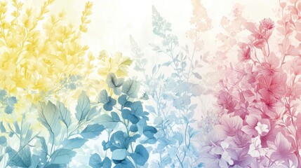 Botanical freshness illustrated in pastel tones Design an illustration or photograph showcasing the freshness of botanical elements using a palette of pastel tones. Include a variety of plants,