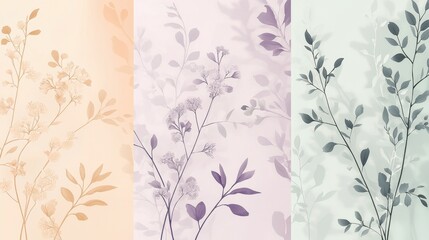 Pastel backgrounds featuring delicate botanical elements Create an image with backgrounds in pastel colors, such as soft peach, lavender, or mint green, featuring delicate botanical elements like