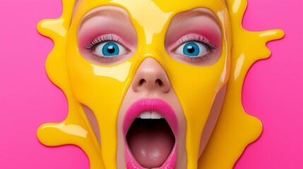Obraz premium A woman with yellow paint on her face and pink lips
