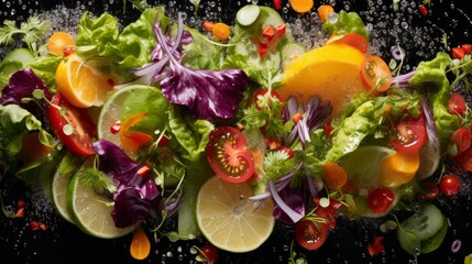 Fresh multi fruits and vegetables splashing into blue clear water splash healthy food diet...