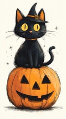 Halloween black cat with pumpkin and witch hat