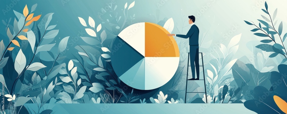 Poster a man on a ladder reaching for a pie chart in a lush green forest setting symbolizing growth and dat