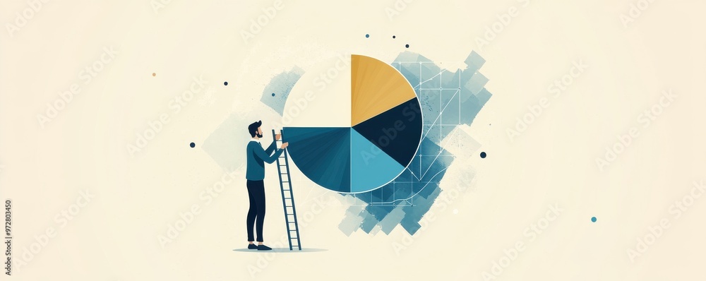 Aufkleber a man on a ladder reaching for a pie chart in a modern conceptual illustration representing data ana
