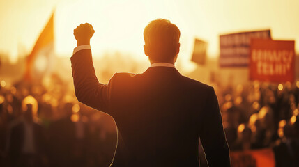 Man raising his fist in front of a crowd during a public protest.