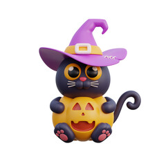 3D cute Halloween black cat cartoon character, trick or treat party, october holiday, 3d rendering.