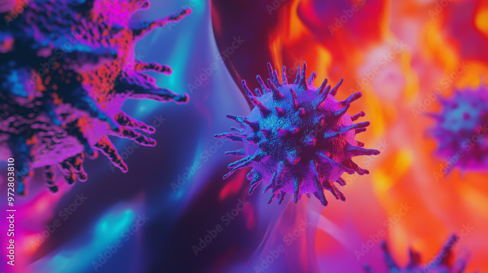 Poster artistic representation of viruses under a microscope with vibrant colors.
